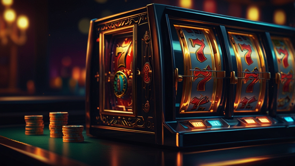 Slot machine cu rotiri gratuite și lumină neon într-un cazinou întunecat